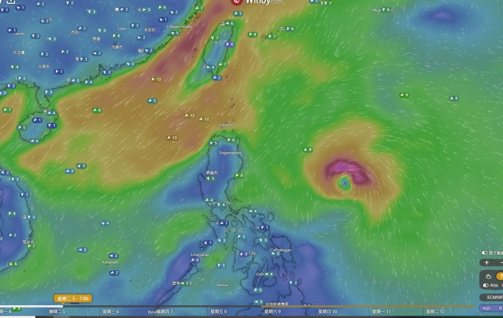 美國全球預報系統（GFS）預測：11月5日（周二）