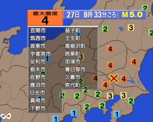 日本茨城縣南部今發生規模5級地震。（NHK）
