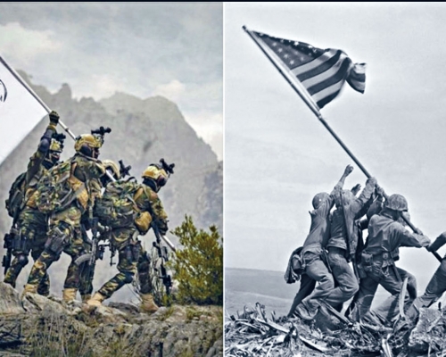 ■塔利班插軍旗(左圖)被指模仿美軍二戰時在硫磺島插美國旗。