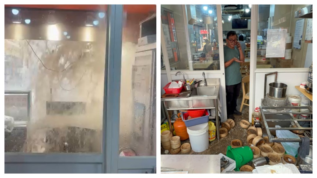 筲箕灣道爆地下食水管，附近有食肆被沖爆玻璃，損失慘重。