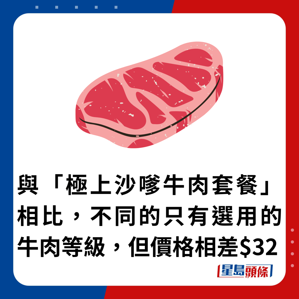 與「極上沙嗲牛肉套餐」相比，分別是選用的牛肉等級不同，價格方面則相差$32