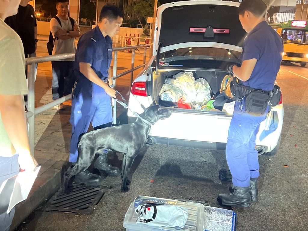 警方出動緝毒犬協助搜車。FB:沙田警區 警方出動緝毒犬協助搜車。FB:沙田警區