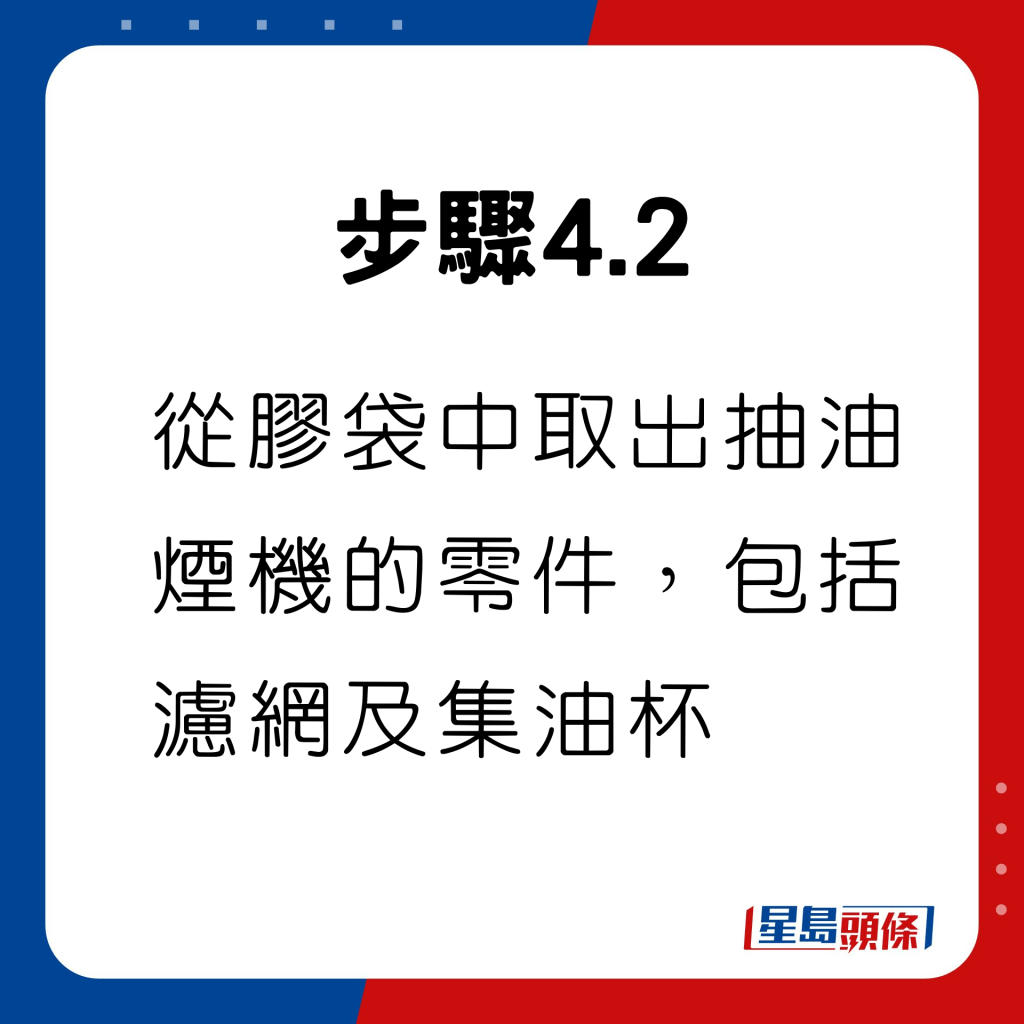 這時候，從膠袋中取出抽油煙機的零件，包括濾網及集油杯