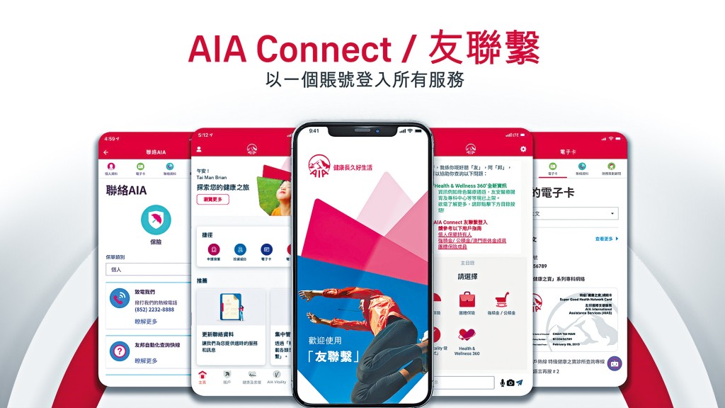 「AIA Connect友聯繫」流動應用程式，讓客戶隨時隨地處理保險、理財以至健康及索償上的需要。