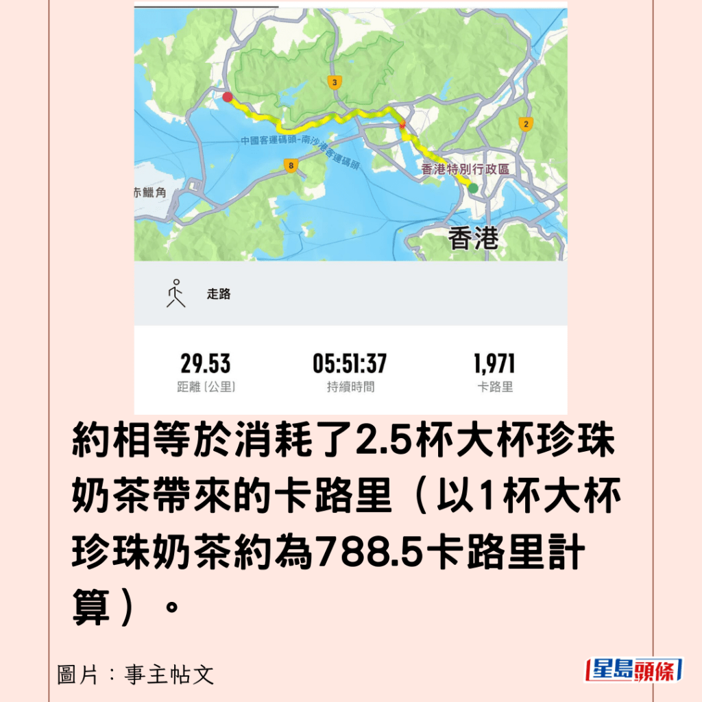 约相等于消耗了2.5杯大杯珍珠奶茶带来的卡路里（以1杯大杯珍珠奶茶约为788.5卡路里计算）。