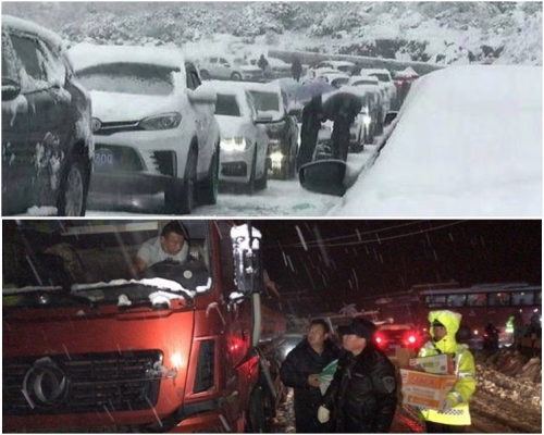 突降暴雪道路结冰堵死逾千辆车路上被困。网图