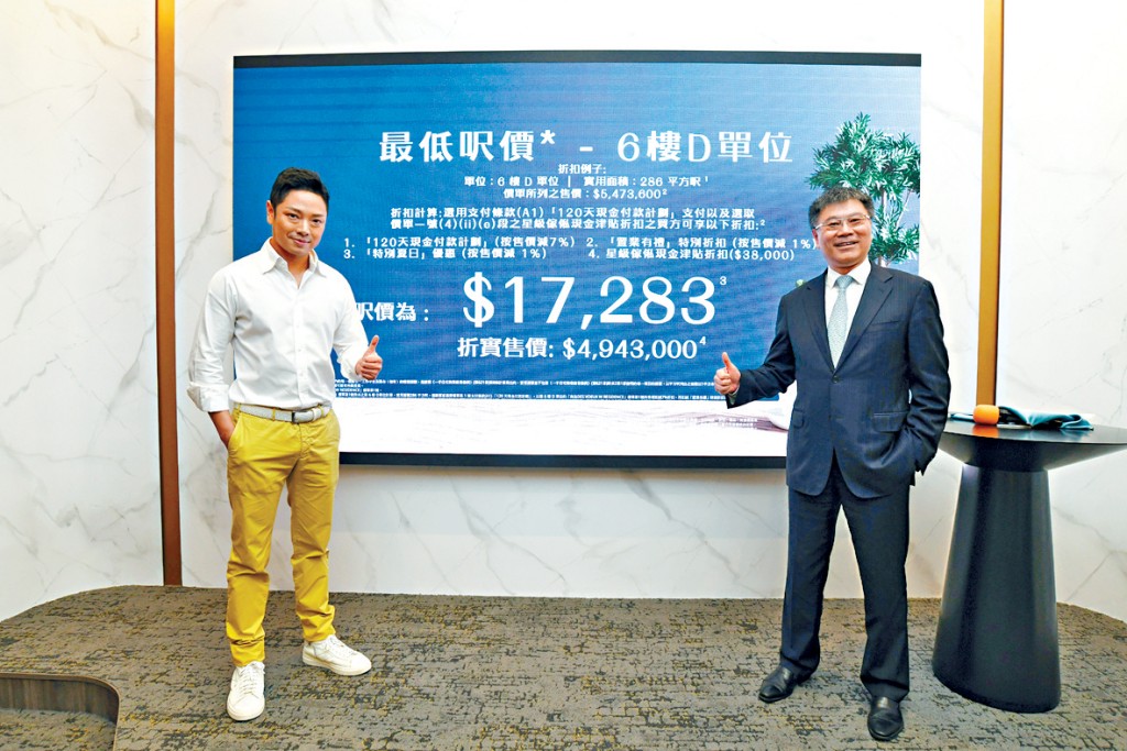 大鴻輝曹展康（左）表示，項目以開放式單位作抽獎獎品。旁為彭偉雄。