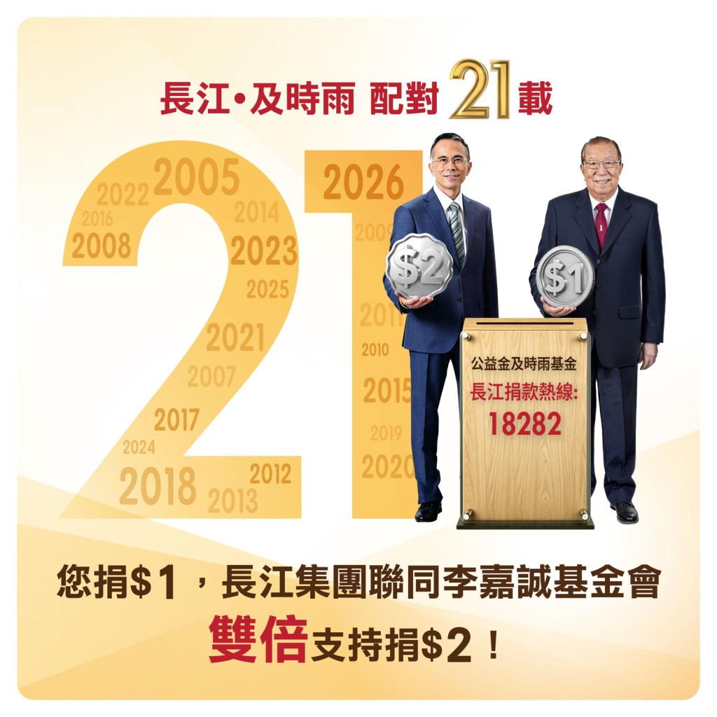 長江集團主席暨李嘉誠基金會副主席李澤鉅(左)手持2元硬幣，象徵延續過去5年雙倍配對捐款模式，令香港公益金名譽副會長李業廣手中的1元公眾捐款增值兩倍，「1元變3元」。 