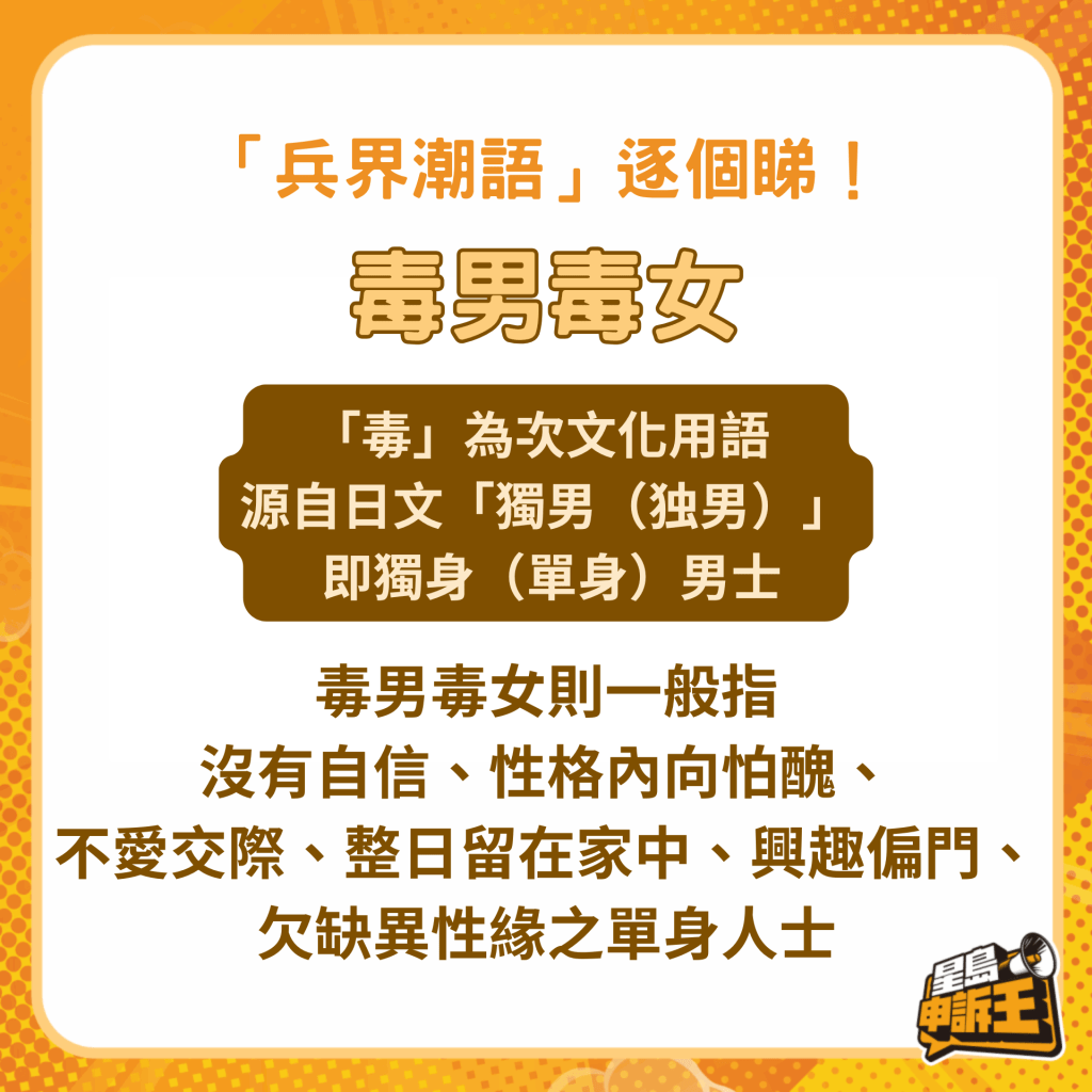 毒男毒女一般指没有自信、性格内向怕丑、不爱交际、整日留在家中、兴趣偏门、欠缺异性缘之单身人士。