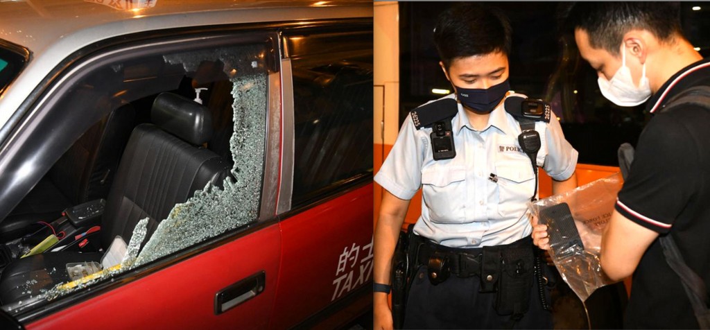 的士車窗被擊破,警方檢走涉案手機。李家傑攝