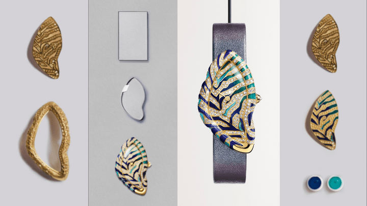 Crash Tigrée腕表，18K黃金表殼、內填琺瑯，鑲嵌鑽石，搭載卡地亞1917 MC型手上鏈機芯、限量50枚，附獨立編號。（個別定價）