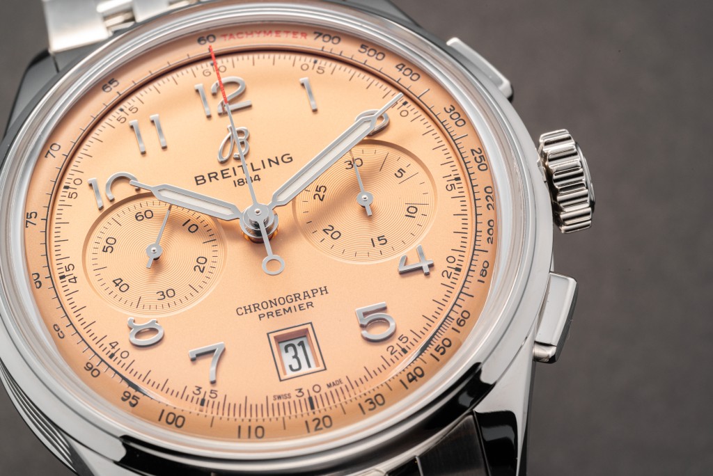 Breitling Premier B01 Chronograph 42。 今年新增的6款Premier计时表有5款不锈钢型号，包括今年大热的三文鱼色款式。