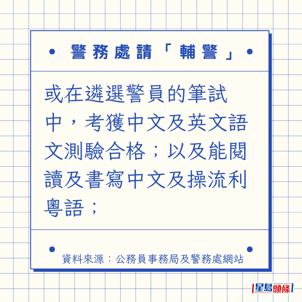 或在遴选警员的笔试中，考获中文及英文语文测验合格；以及能阅读及书写中文及操流利粤语；
