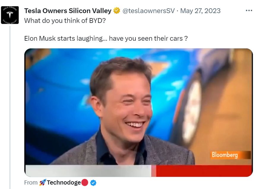 Tesla支持者去年發文引用當年恥笑比亞迪，問馬斯克如何看這家公司。