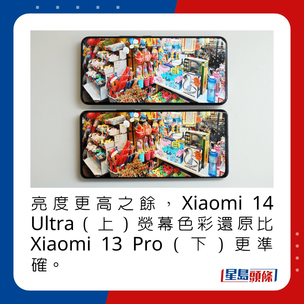 亮度更高之馀，Xiaomi 14 Ultra（上）荧幕色彩还原比Xiaomi 13 Pro（下）更准确。