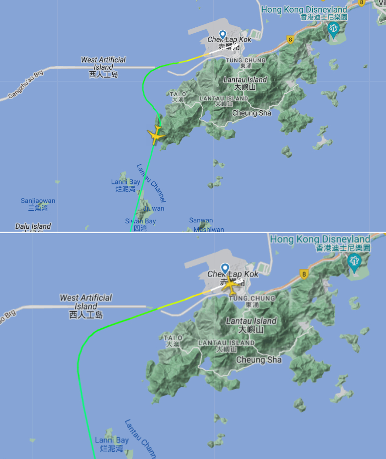 上圖為QR8421今日航道，下圖為3月28日同一航班航道。