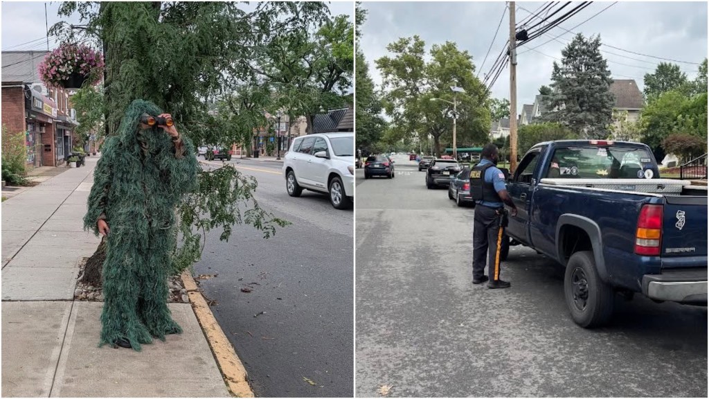 新泽西州警察「扮灌木」打击开车滑手机。 fb / Dunellen Borough Police Department