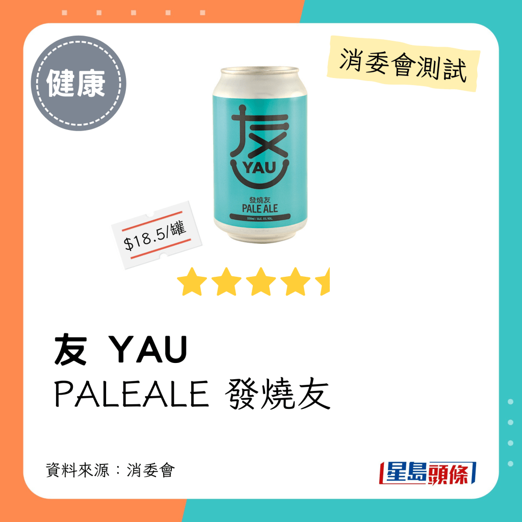 消委會啤酒檢測名單：「友」發燒友手工啤酒 /Yau FAT SIU YAU Pale Ale（4.5星）