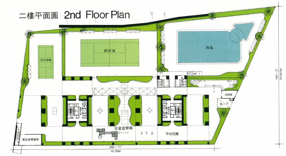 屋苑不設商場及大型會所，但有戶外泳池及網球場等運動設施。