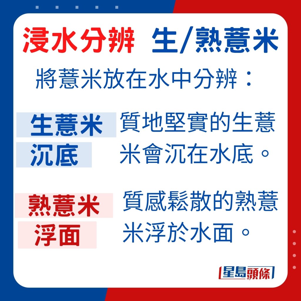 將薏米放在水中，亦能分辨。堅實生薏米會沉在水底，鬆散熟薏米則浮於水面。