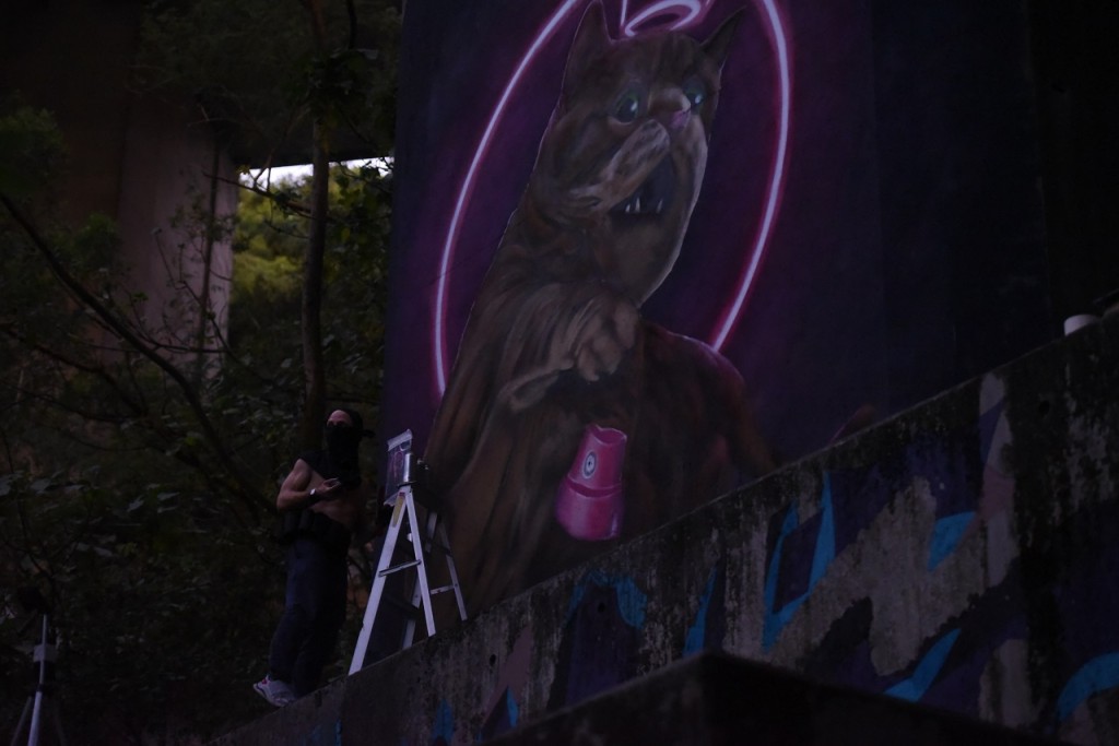 俄罗斯涂鸦艺术家Vladimir在屯门公路汀九段对开桥墩创作新的猫咪涂鸦作品。(尹敬堂摄)