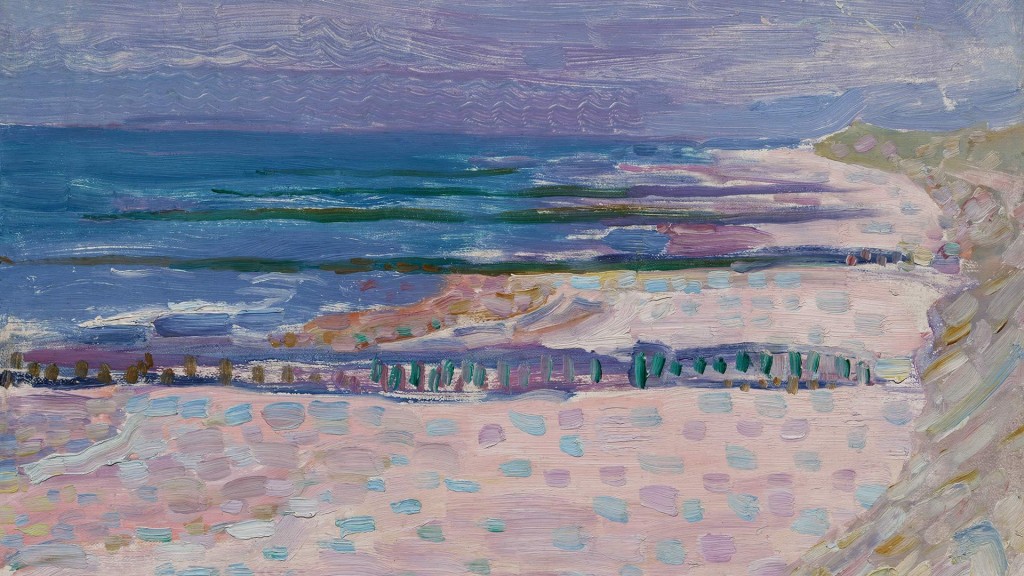 蒙德里安1909年創作的風景畫《Beach with Five Piers at Domburg》，已能見印象派風格的影響。