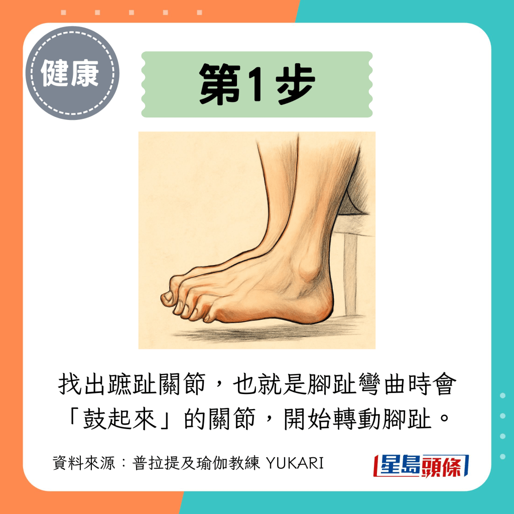 第1步：找出蹠趾关节，也就是脚趾弯曲时会“鼓起来”的关节，开始转动脚趾。
