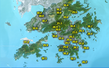 天文台於上午11時30分所錄得各區天氣。天文台圖片