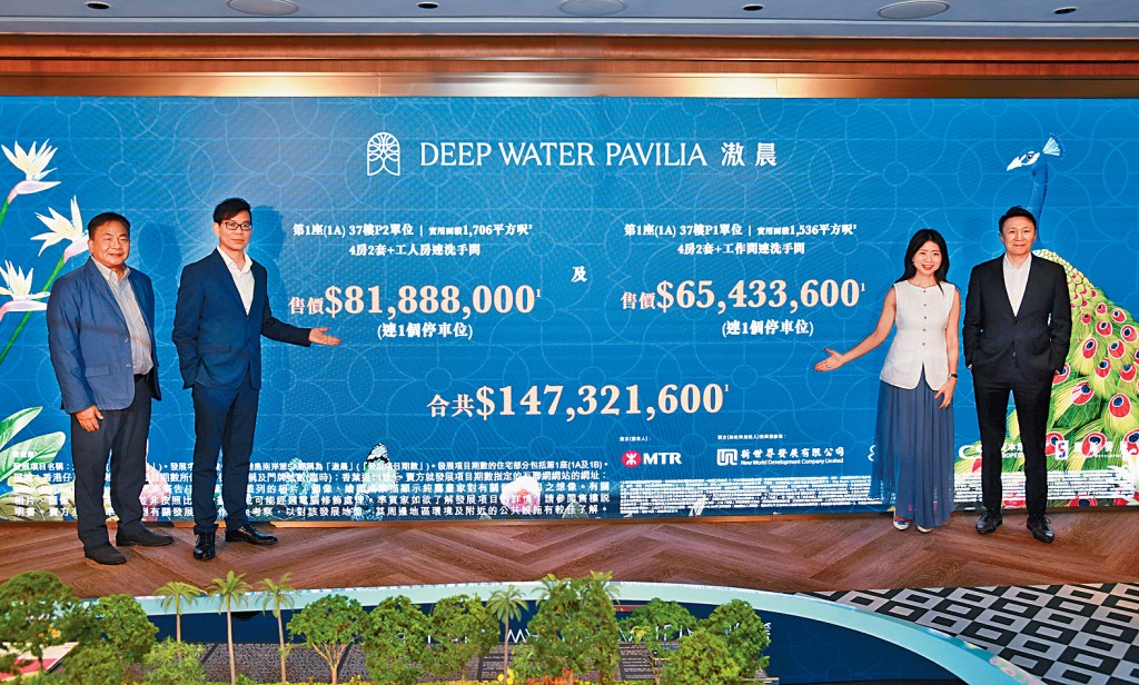 新世界何家欣(右二)表示,黃竹坑滶晨單日標售17伙,套現10.5億。左二為帝國姚志偉、右一為資本策略畢子鴻、左一為麗新潘銳民。