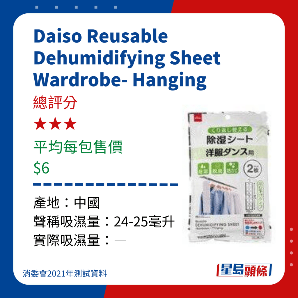 消委會測試 20款家用吸濕劑 - Daiso Reusable Dehumidifying Sheet Wardrobe- Hanging