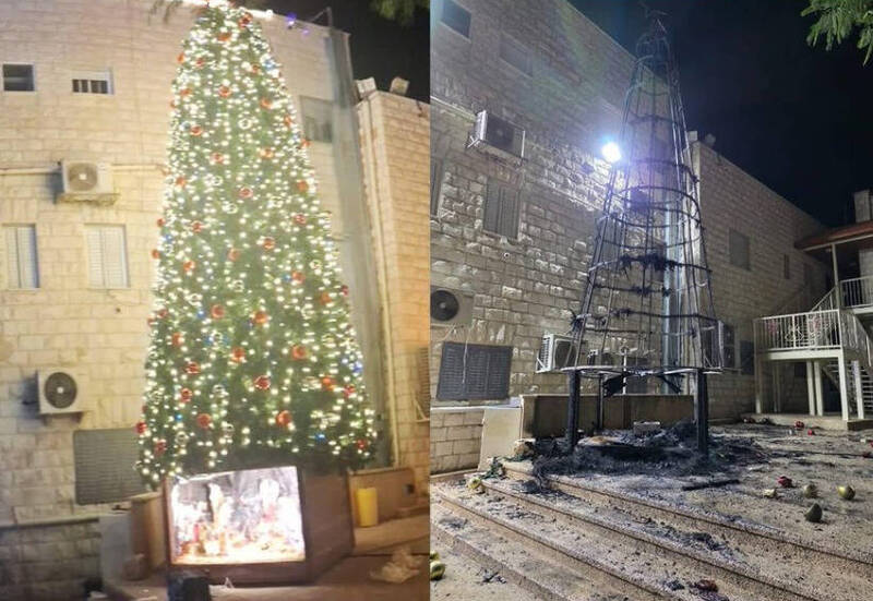 以色列佔領的約旦河西岸城市傑寧一座天主教堂，有聖誕樹遭縱火，耶穌誕生場景遭破壞。X@IhabHassane