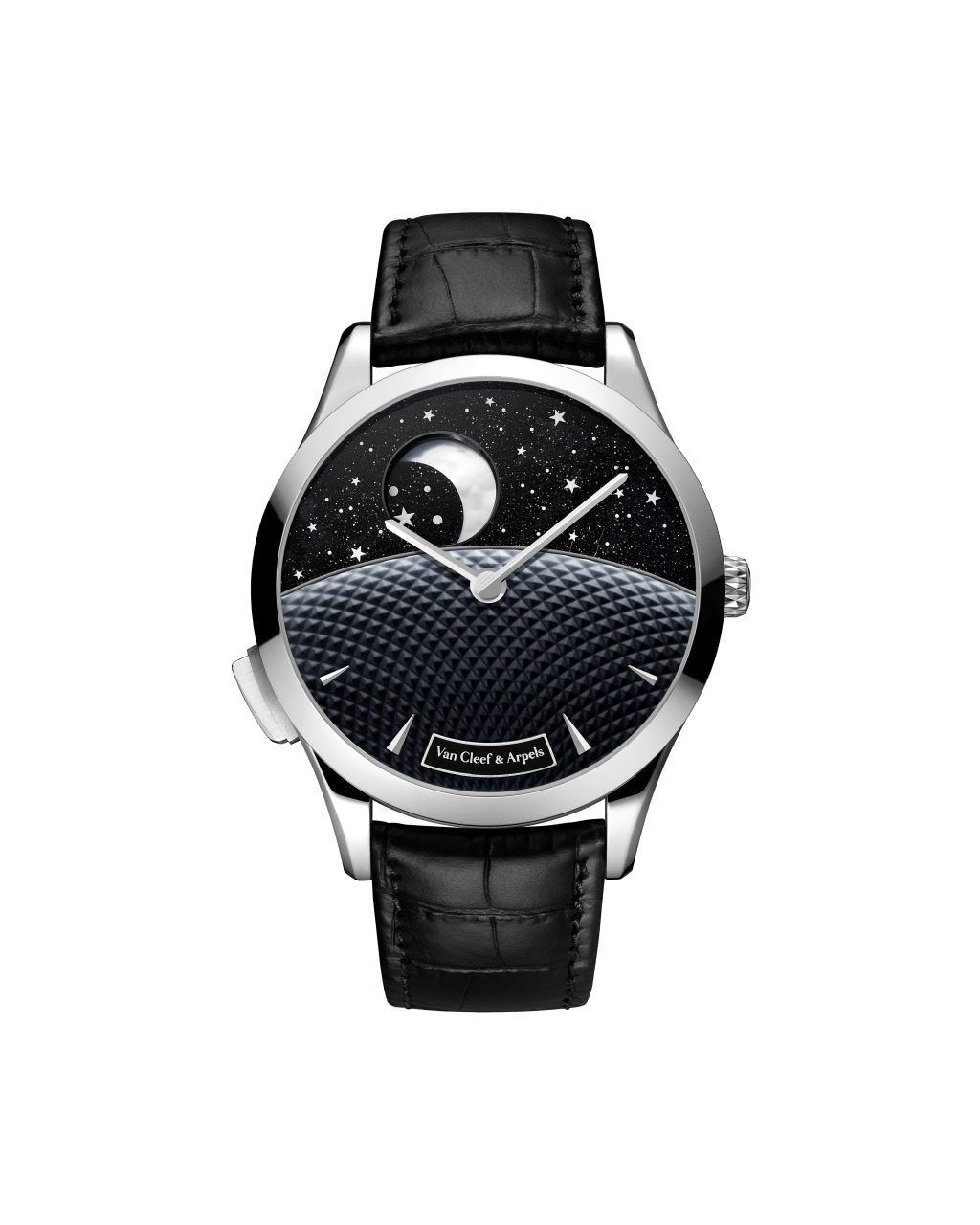 Van Cleef & Arpels Midnight Jour Nuit Phase de Lune,以月亮顯示夜晚時間時,這個鏤空的月亮就會同時顯示月相盈虧。 Van Cleef & Arpels Midnight Jour Nuit Phase de Lune,以月亮顯示夜晚時間時,這個鏤空的月亮就會同時顯示月相盈虧。