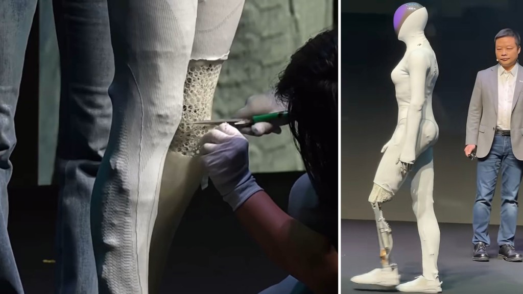 小鵬董事長何小鵬把全新的機械人腳部「肌肉」剪開，公開展示內部的機械結構。