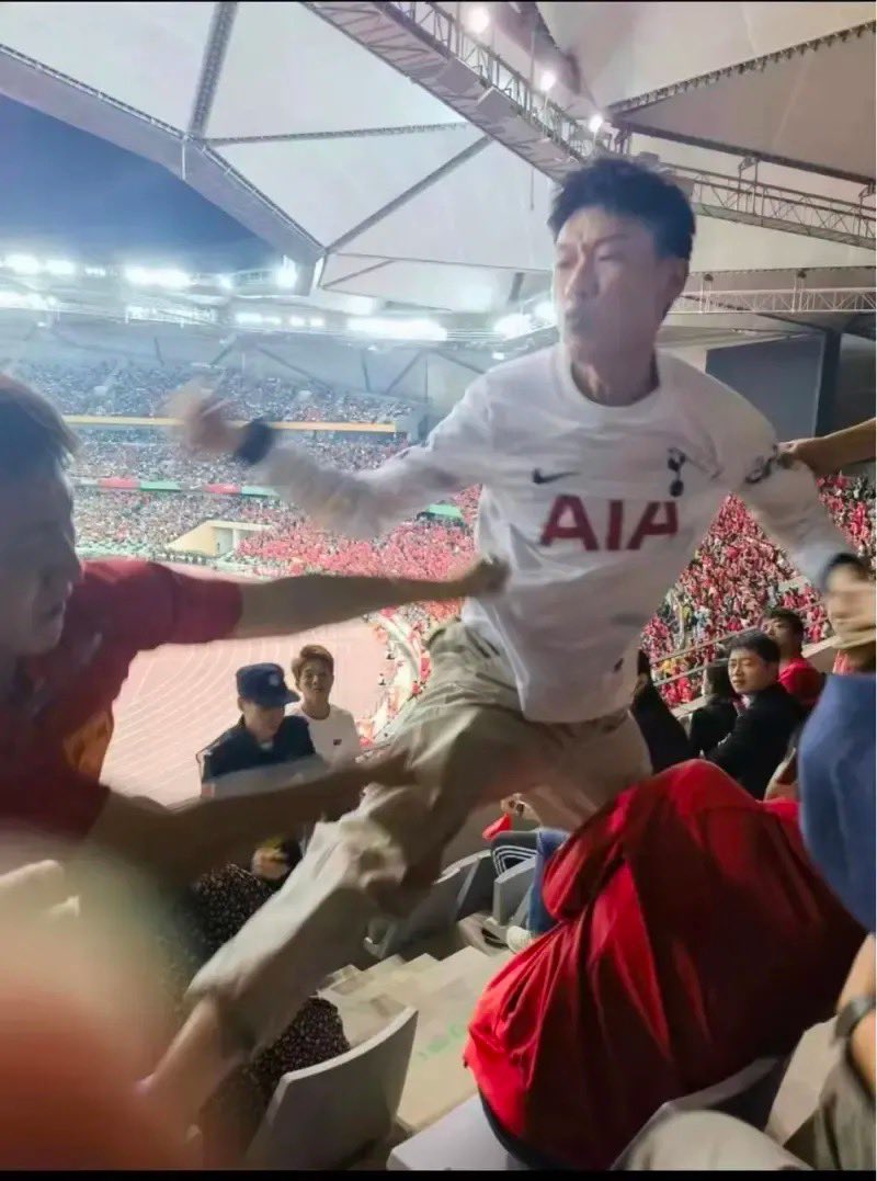 看台上，有身穿熱刺球衣球迷在主場球迷場區慶祝，疑因出中指挑釁而被打。網上圖片