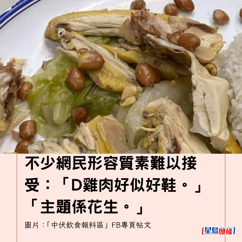  不少网民形容质素难以接受：「D鸡肉好似好鞋。」「主题系花生。」