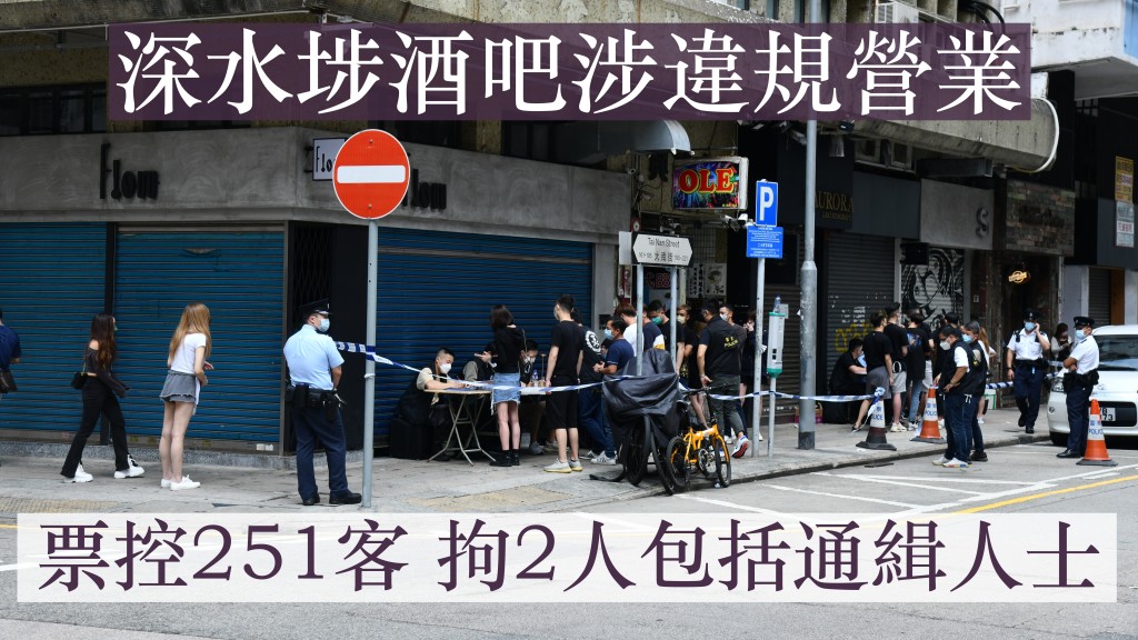 警方今晨突擊搜查深水埗大南街195至201號一酒吧，發現該酒吧涉嫌違規營業。警方圖片