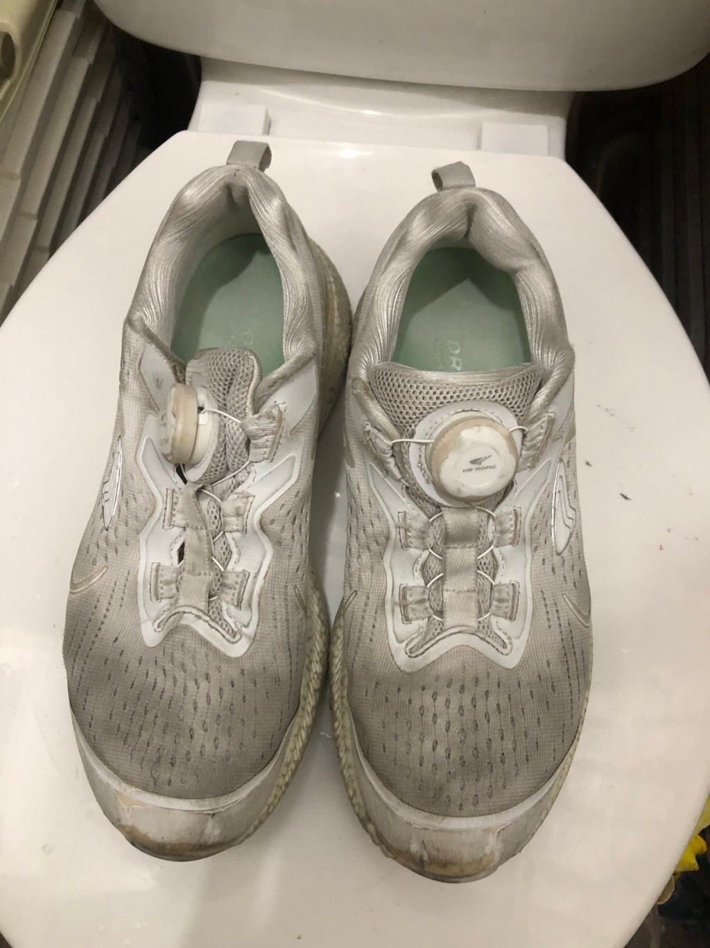賣家將波鞋放在馬桶上拍照，明顯看到波鞋由白色穿到變深灰色。