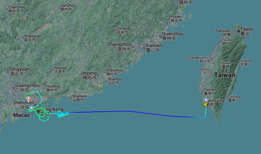 航班於上午10時46分從高雄國際機場起飛，原定11時45分抵達香港國際機場，備降深圳寶安機場。flightradar24圖片