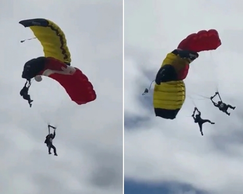 巴西兩名傘兵在高空中相撞，導致1死1傷。（片段截圖）
