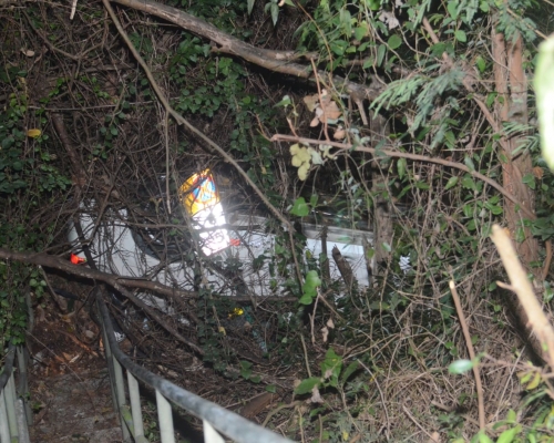 沙田私家車撞毀路牌鐵欄衝落山坡。