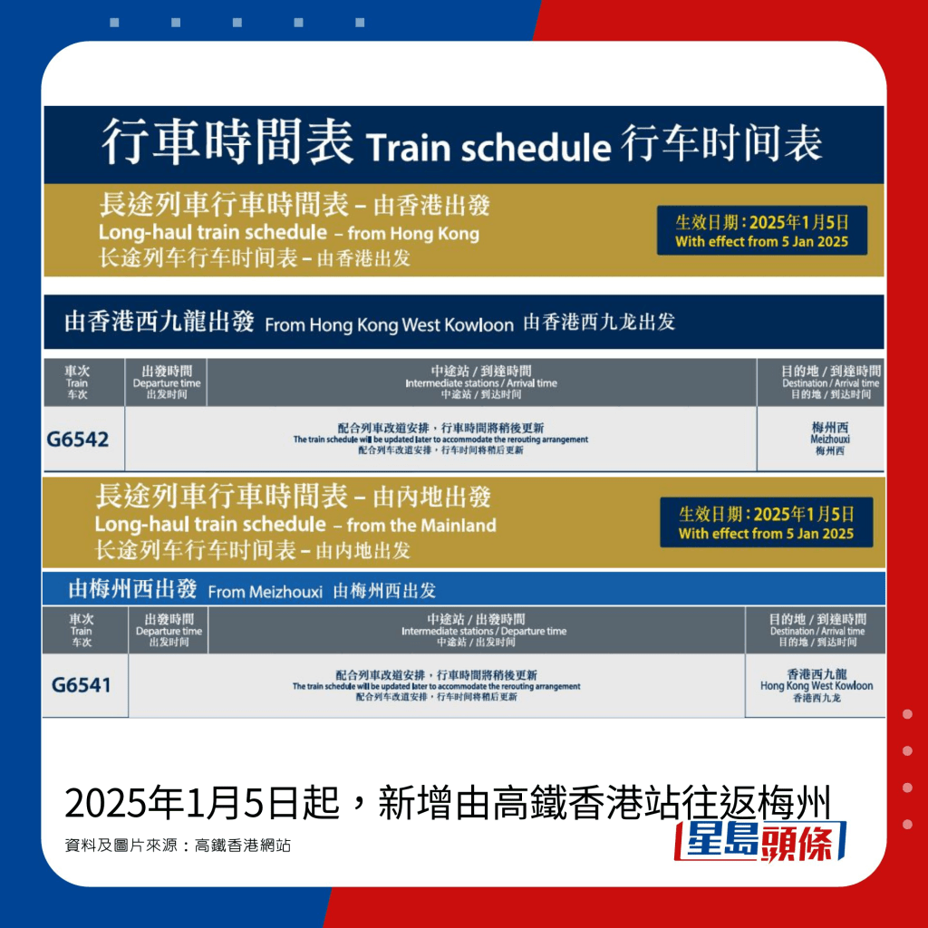 2025年1月5日起，新增由高鐵香港站往返梅州