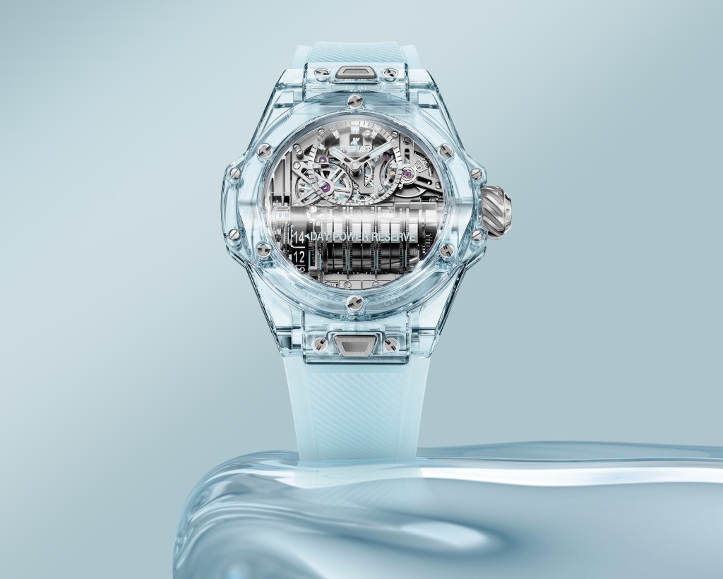 Hublot Big Bang MP-11 Water Blue Sapphire；錶殼：45mm 水藍色藍寶石／機芯：HUB9011手上鏈／售價：$1,281,000。