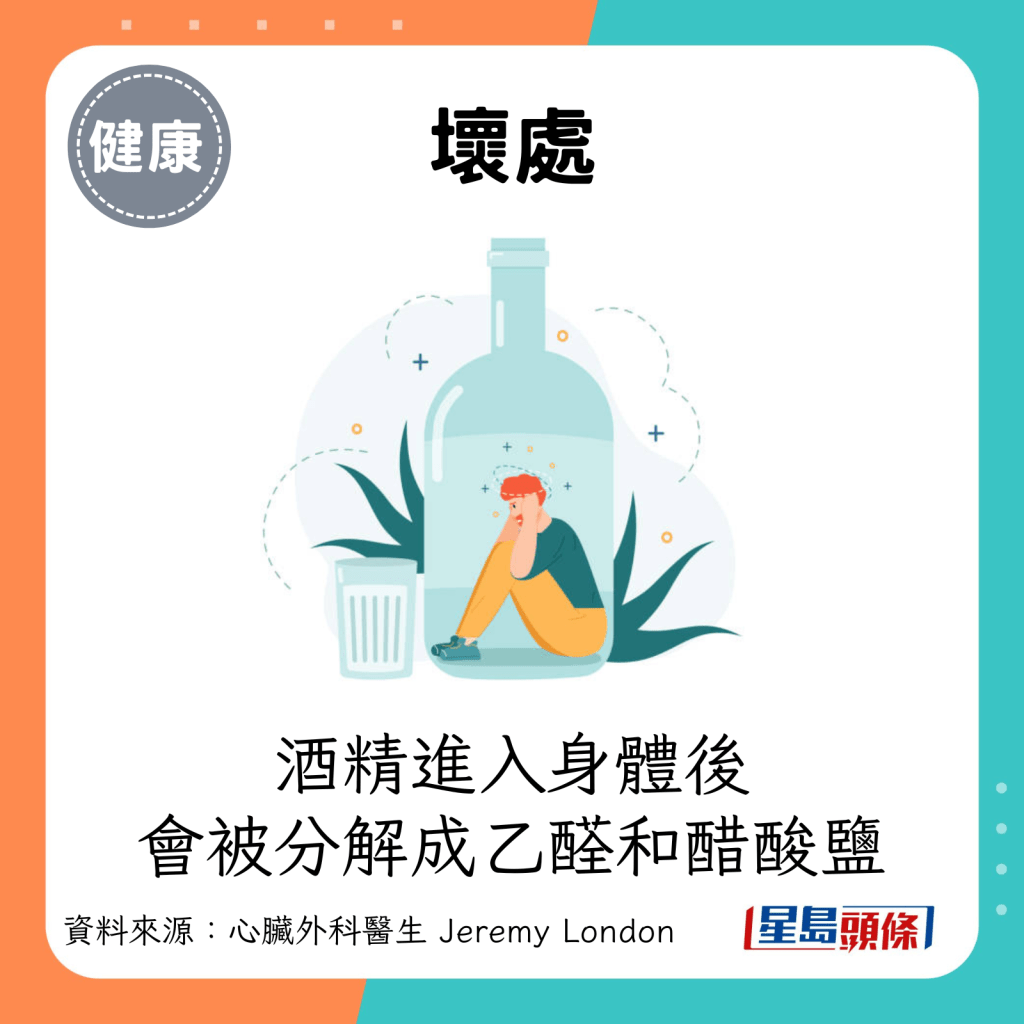 壞處：酒精進入身體後會被分解成乙醛和醋酸鹽