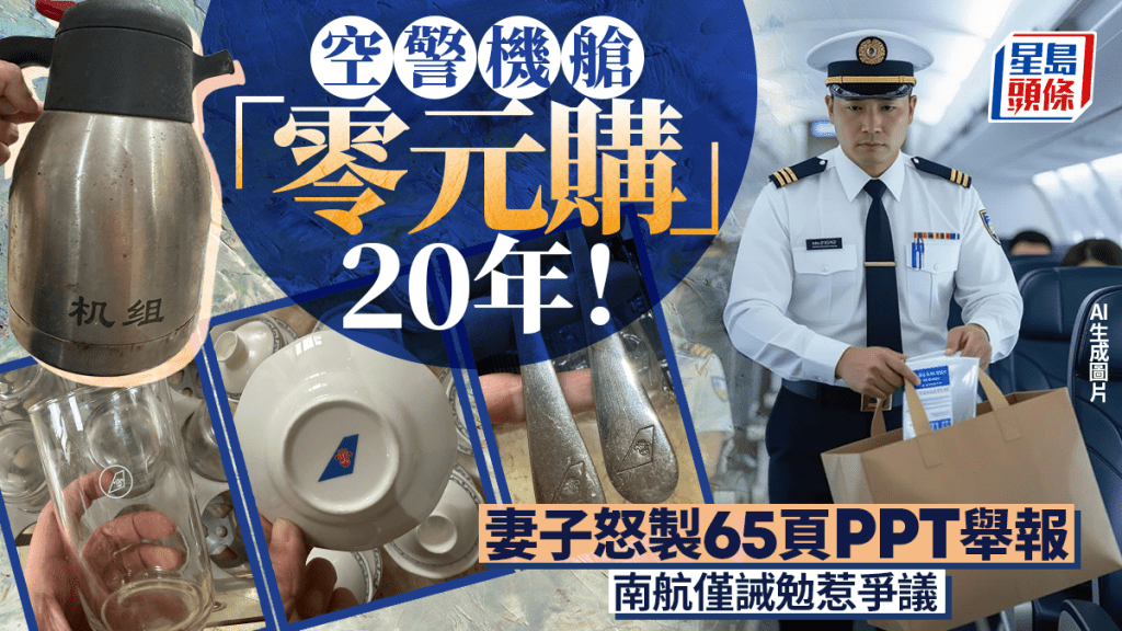 南航空警遭妻65頁PPT舉報機艙「零元購」,盜取大量水壺、刀叉、紅酒及毛巾等公物。