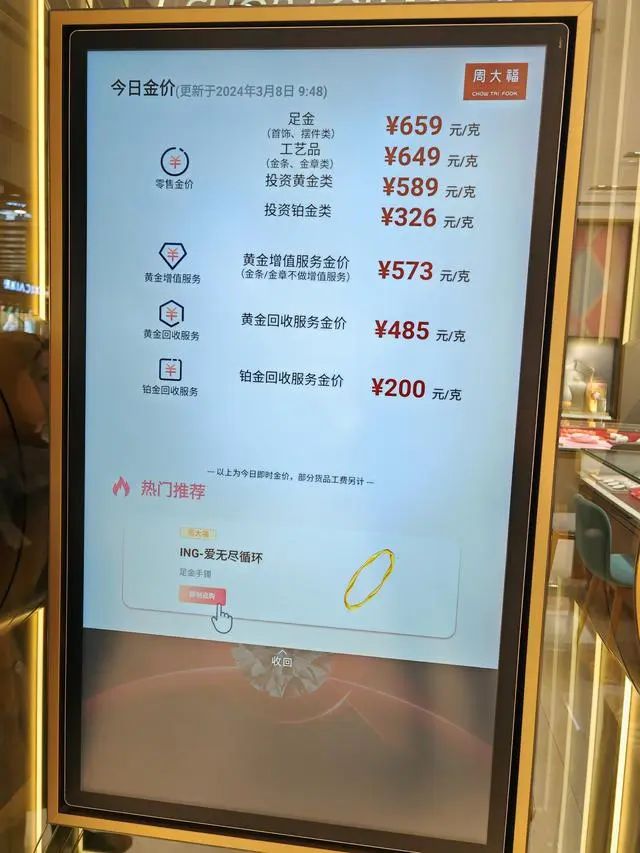 内地部分品牌金店周五（８日）的金价升至659元人民币。