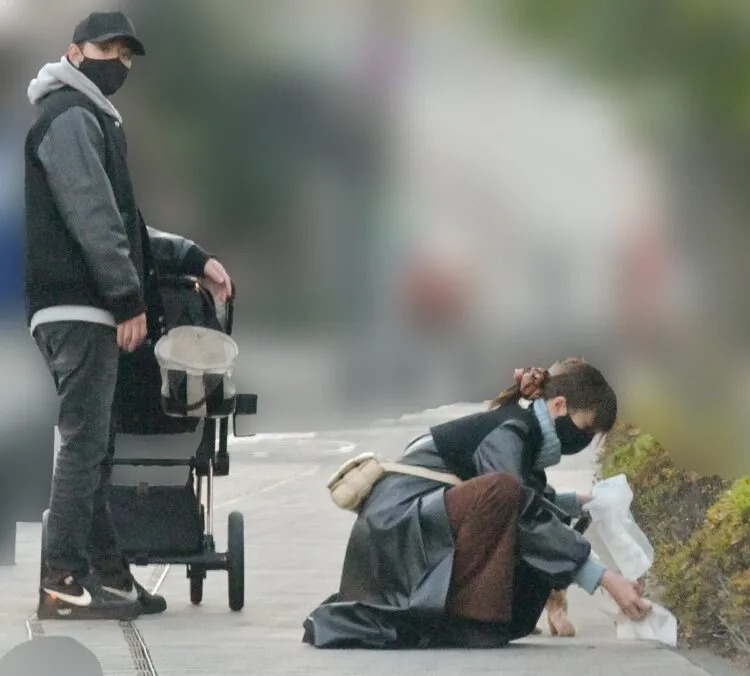 桐谷美玲親自蹲下來為愛犬清理糞便。