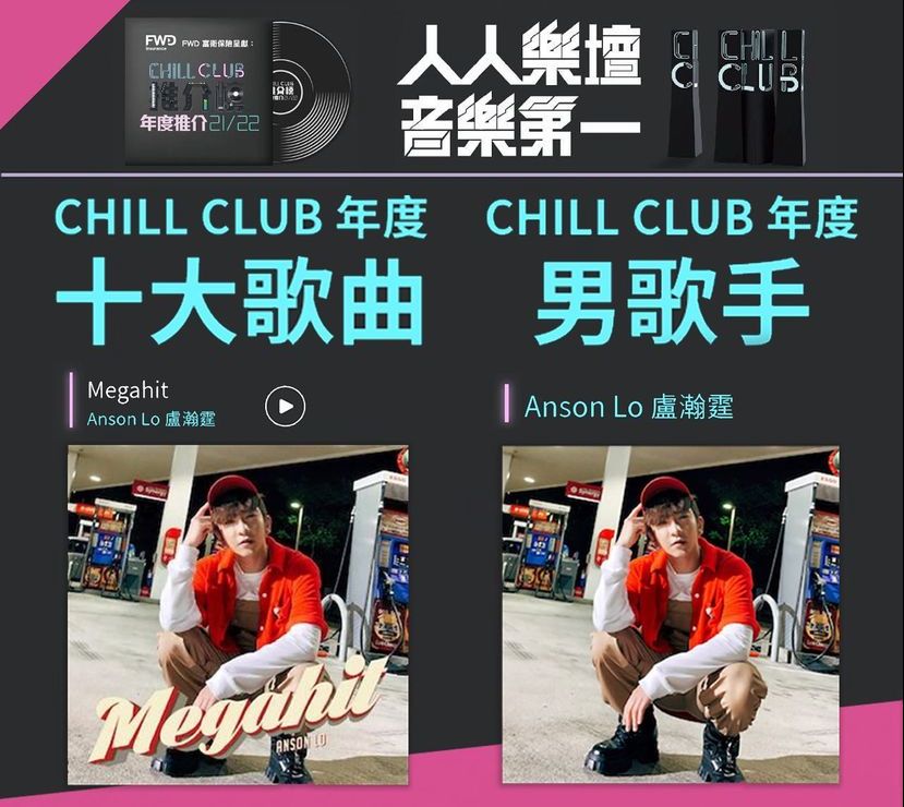 《Megahit》打入CHILL CLUB「 年度十大歌曲」及「 男歌手」。