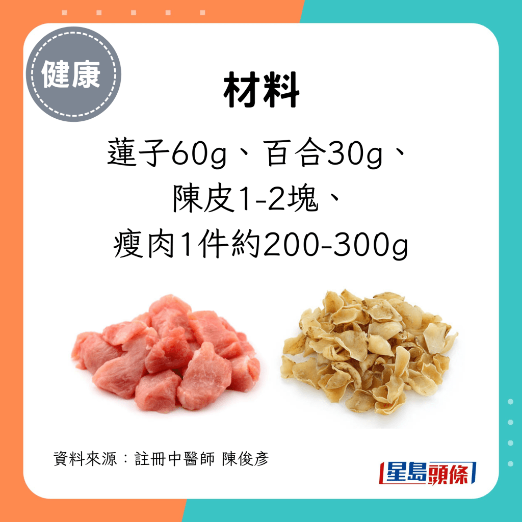 材料：莲子60g、百合30g、 陈皮1-2块、 瘦肉1件约200-300g