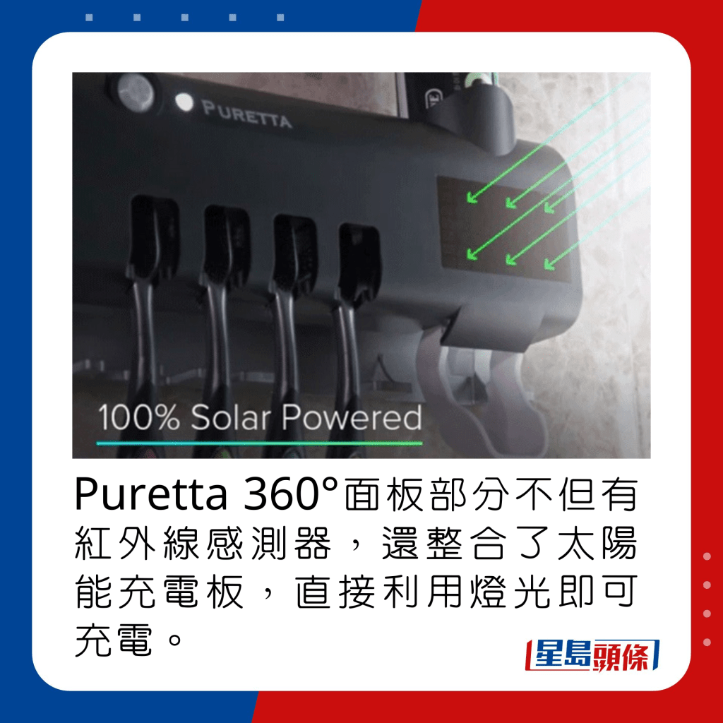 Puretta 360°面板部分不但有红外线感测器，还整合了太阳能充电板，直接利用灯光即可充电。