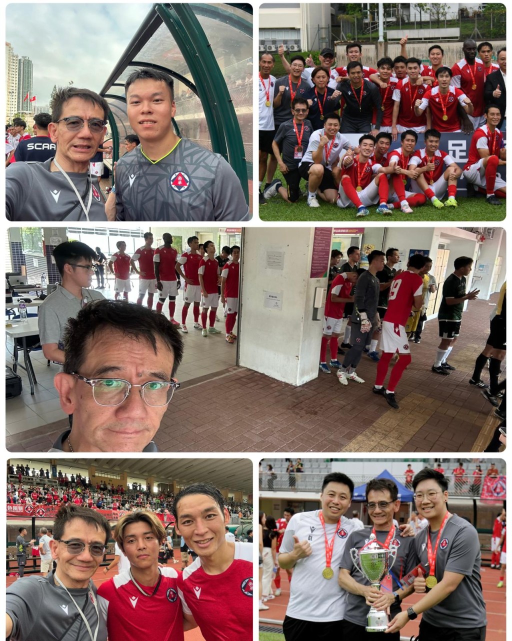 筆者在足總盃初級組決賽當日,重遇軍醫年代多位香港隊球員。圖片由筆者提供 筆者在足總盃初級組決賽當日,重遇軍醫年代多位香港隊球員。圖片由筆者提供